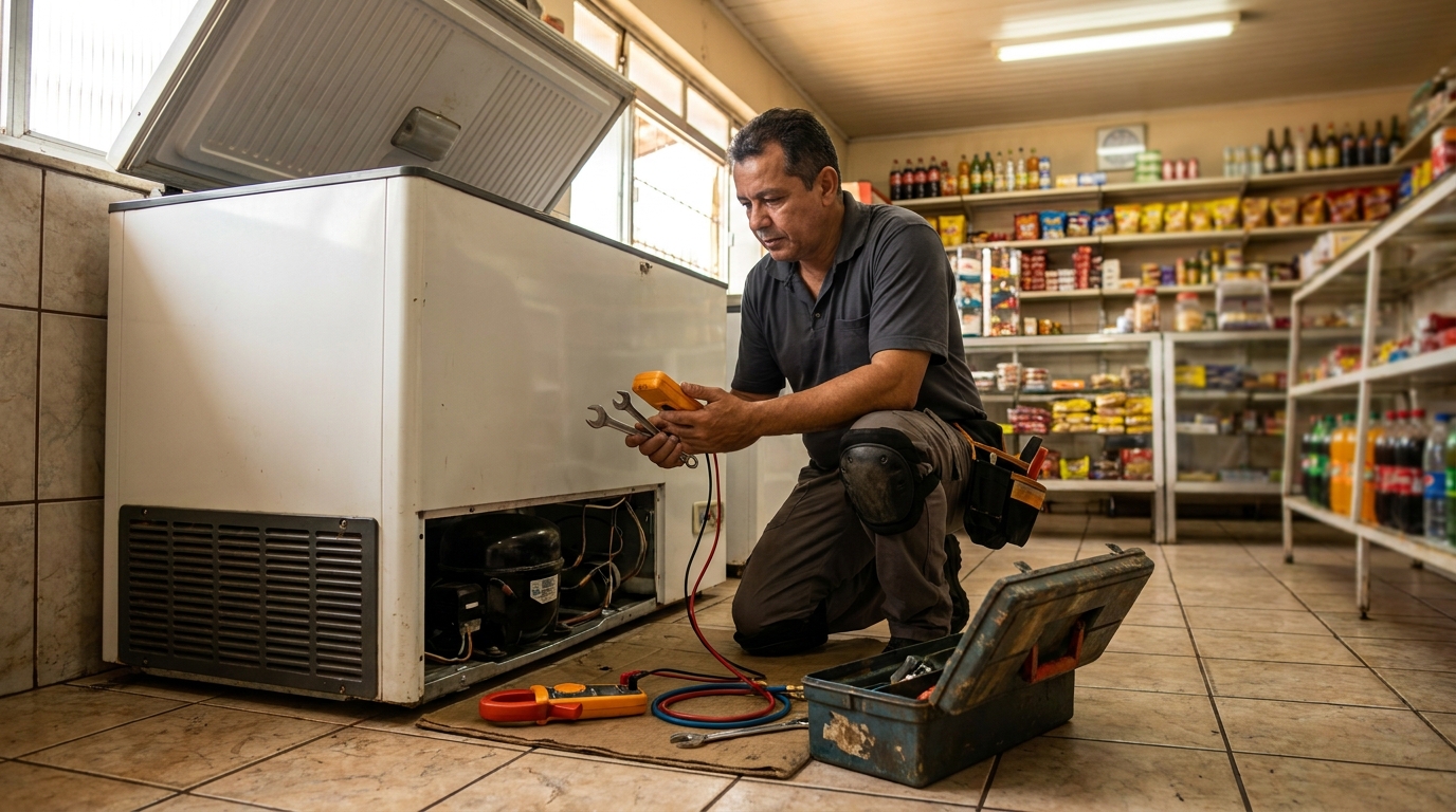 Técnico realizando manutenção de motor de freezer em Campo Grande‑MS