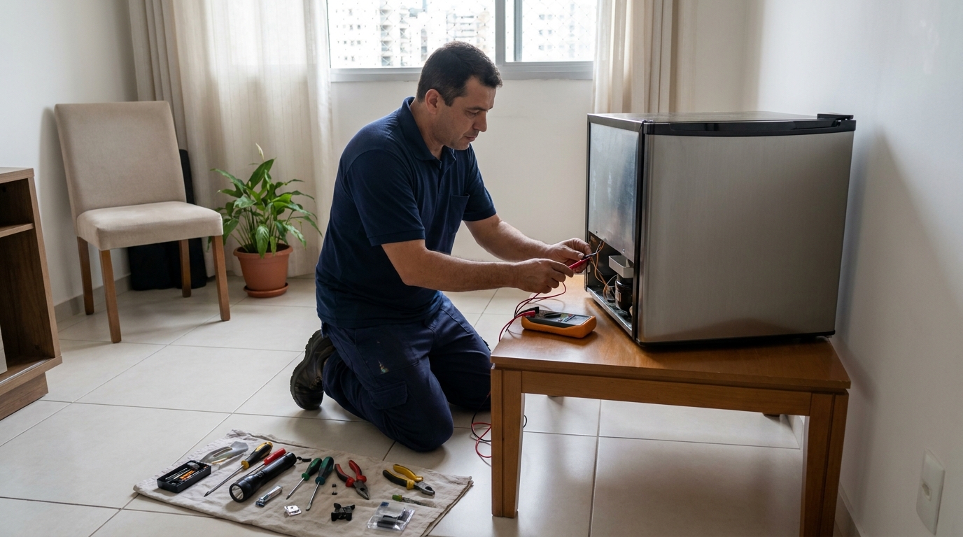 Técnico realizando manutenção de motor de frigobar em Campo Grande‑MS