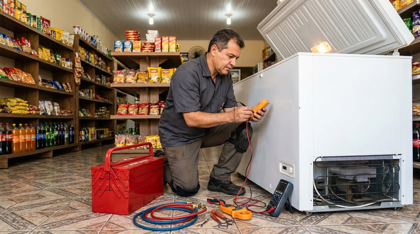 Recarga de gás refrigerante em freezer em atendimento em Campo Grande‑MS