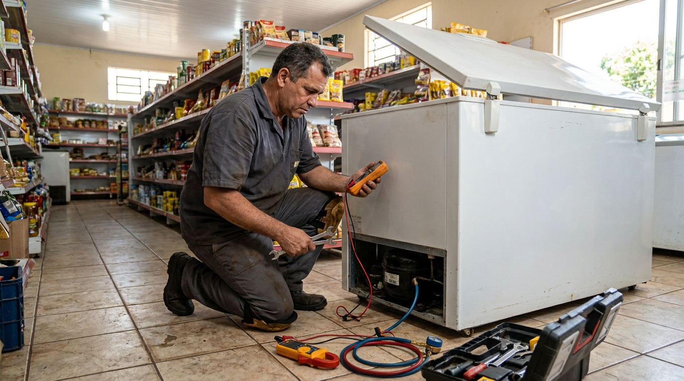 Troca de termostato de freezer em atendimento técnico em Campo Grande‑MS